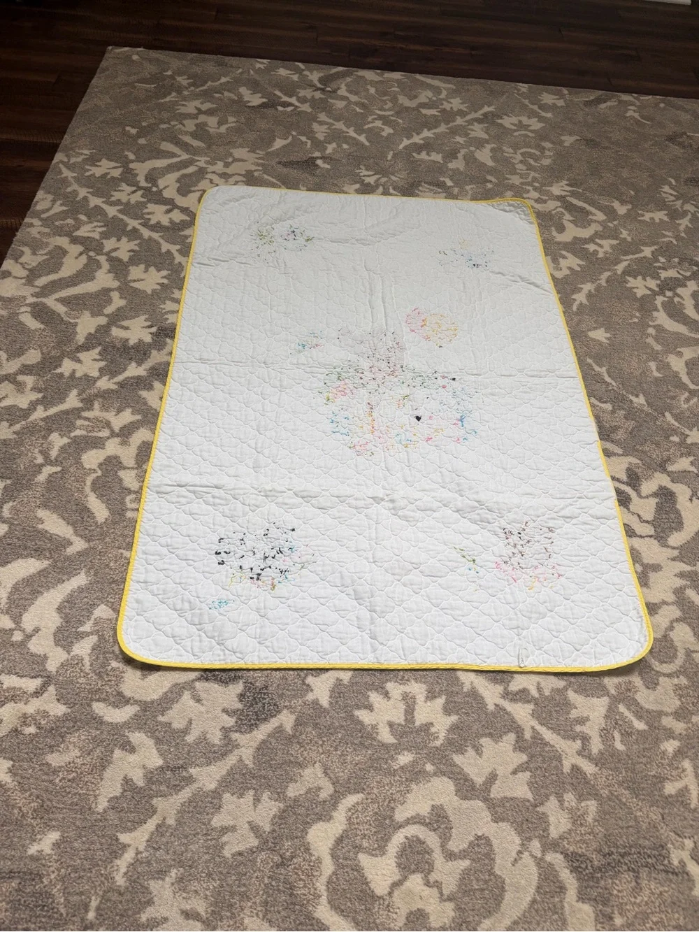 Vintage White Baby Quilt with Yellow Trim featuring Forest Friends